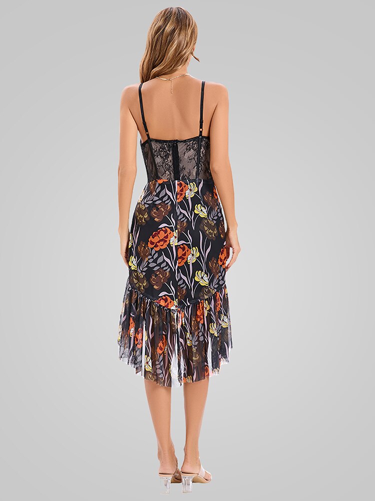 V-Neck Printed Ruffles Strap Mini Dress