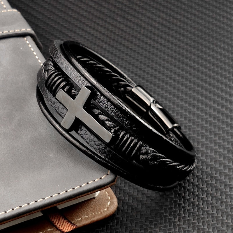 Men's Cross Leather Charm Bracelet